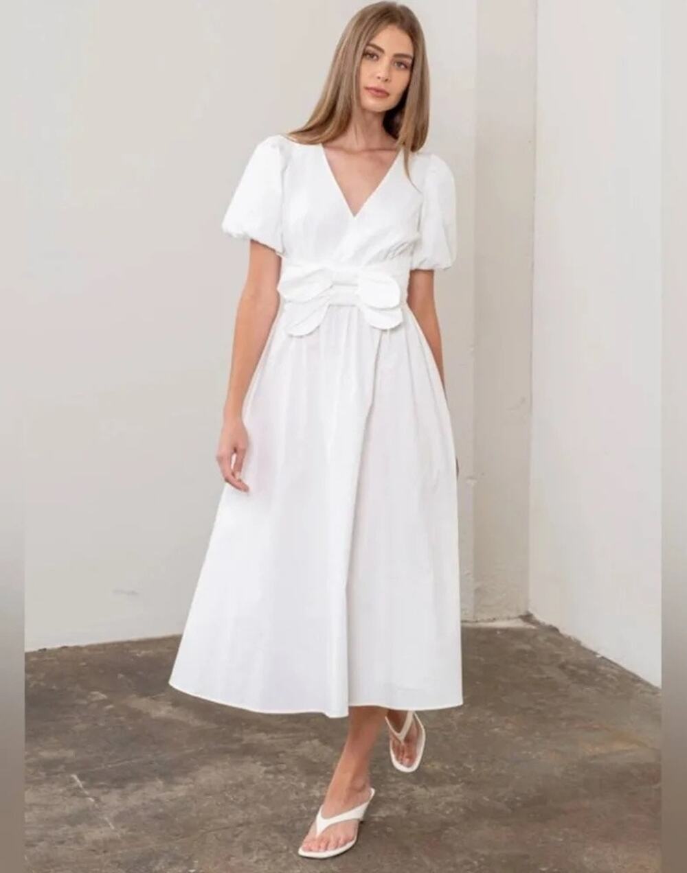 Moon River Front Bow Detail Cotton Midi Dress